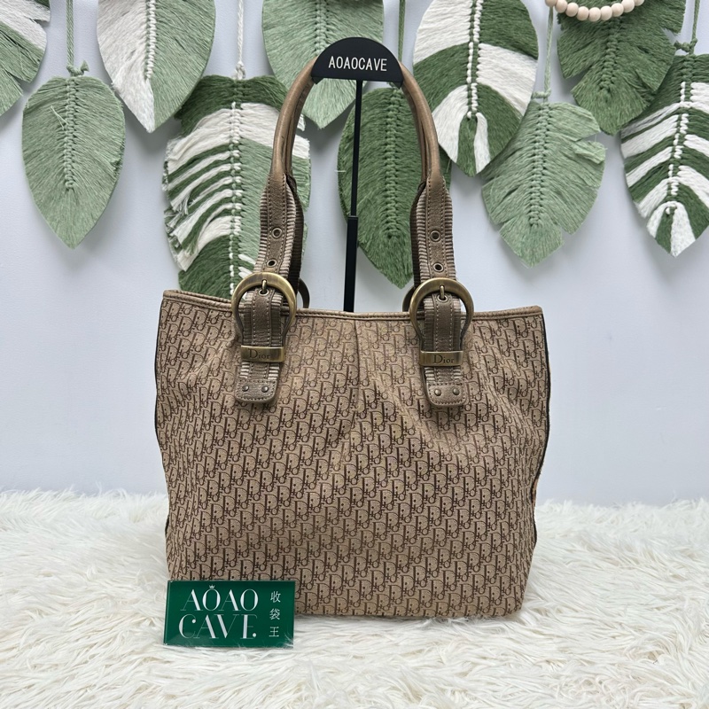 DIOR Trotter Vintage 杏色帆皮拼豹紋 單肩手提包-4