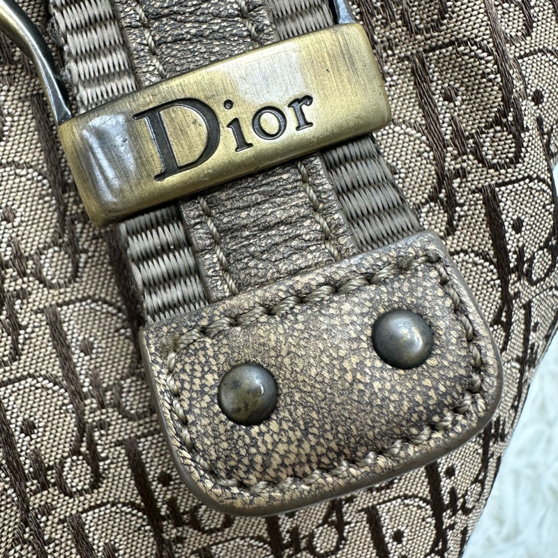 DIOR Trotter Vintage 杏色帆皮拼豹紋 單肩手提包-7
