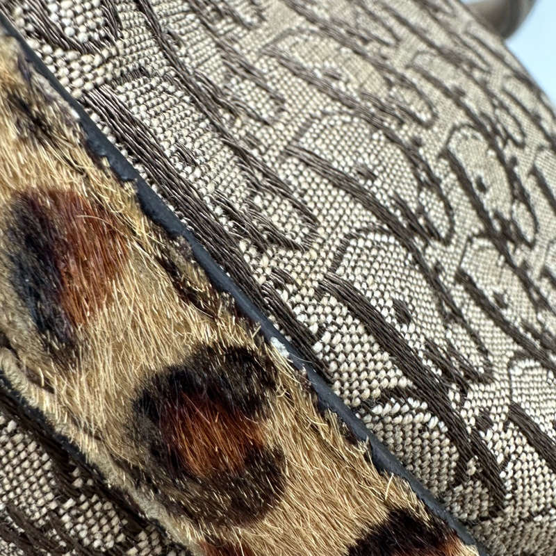 DIOR Trotter Vintage 杏色帆皮拼豹紋 單肩手提包-8