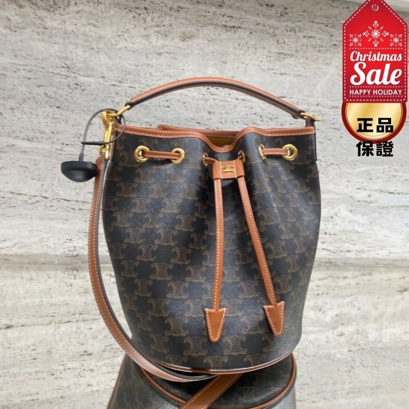 🎊佳節特賣🎁Celine 116882 凱旋門老花 Clara 水桶包 黃褐色-0
