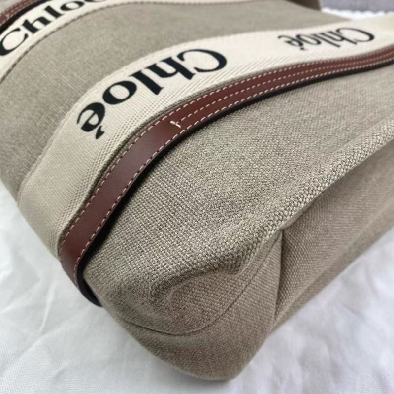 CHLOE Woody 米色拼棕色 帆布拼牛皮中號托特包 99新配件塵袋-7