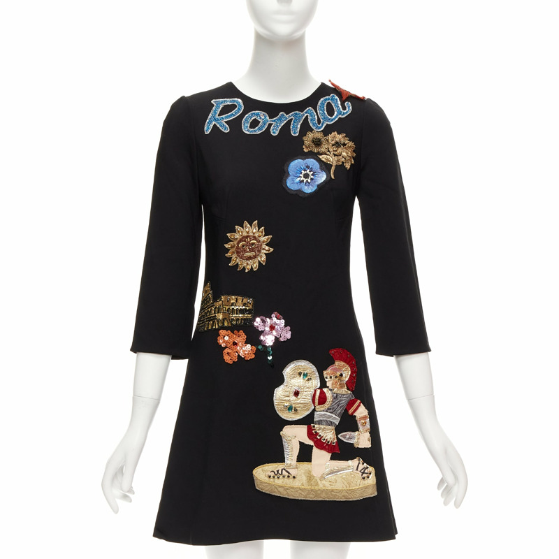 DOLCE GABBANA Runway black Roma Warrior sequin leather patch shift dress IT38 XS-0