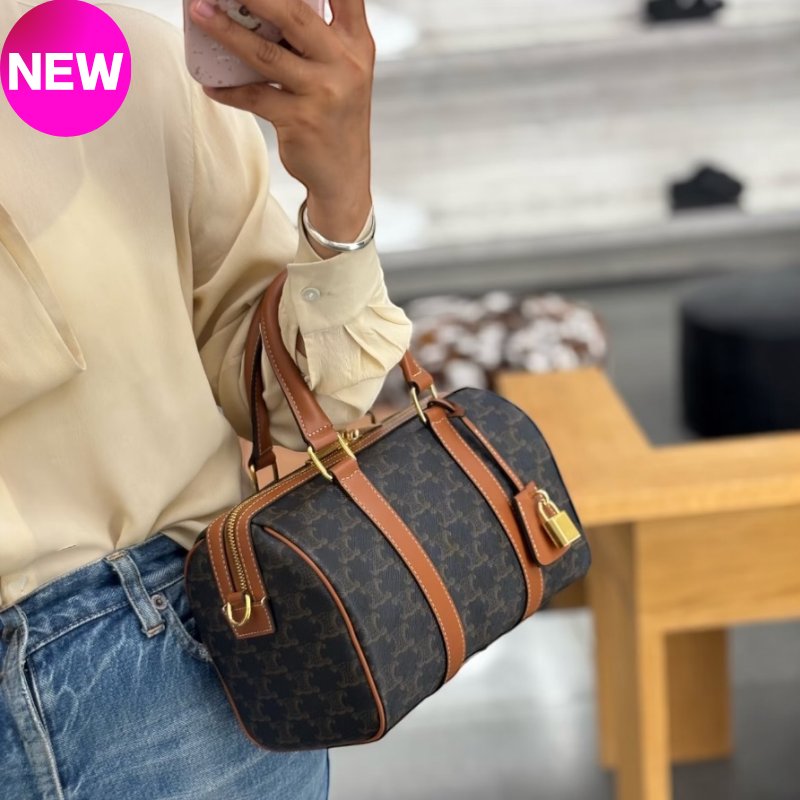 🛫早秋當季新品🛬Celine 121322 中款標誌印花波士頓包 黃褐色-0