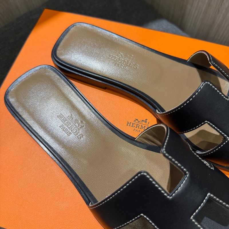 （未使用）HERMES Oran 愛馬仕黑色全皮H Logo平底涼拖鞋 36.5號-3