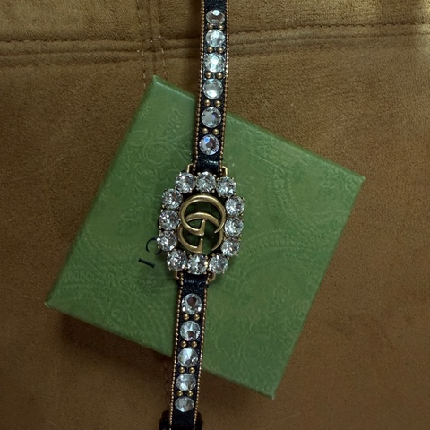 Gucci 水晶雙G皮革手環