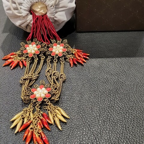 GUCCI 黃銅 辣椒 紅 半 寶石 流蘇 珍珠 項鍊 長鍊 腰鍊 皮帶 腰帶 掛飾 多用途
