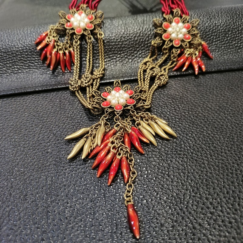GUCCI 黃銅 辣椒 紅 半 寶石 流蘇 珍珠 項鍊 長鍊 腰鍊 皮帶 腰帶 掛飾 多用途-2