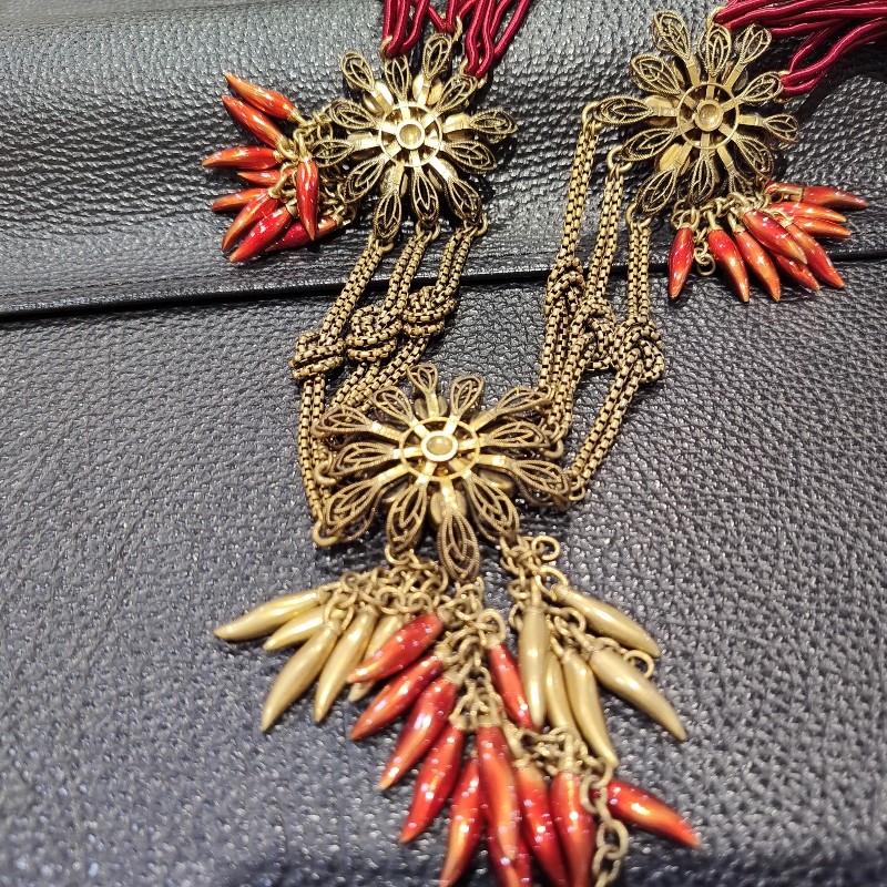 GUCCI 黃銅 辣椒 紅 半 寶石 流蘇 珍珠 項鍊 長鍊 腰鍊 皮帶 腰帶 掛飾 多用途-4