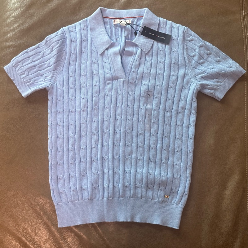 Tommy女大人新品v領麻花針織polo短袖 -寶寶藍-1