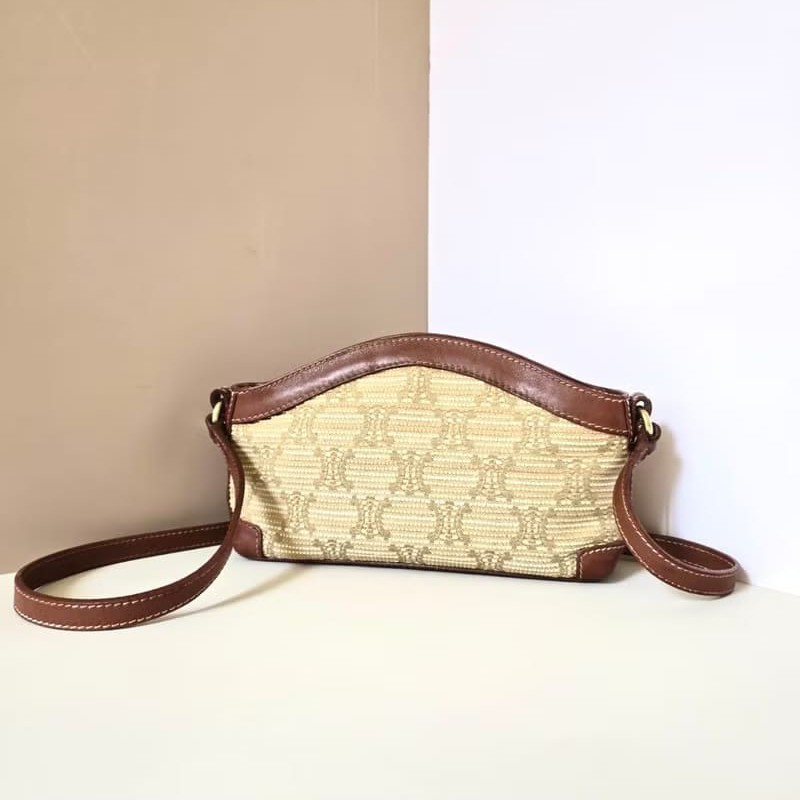 【LA LUNE】絕版中古包 Celine拉菲草拼皮革馬鞍包側背包 斜孭包 單肩包 古董-0