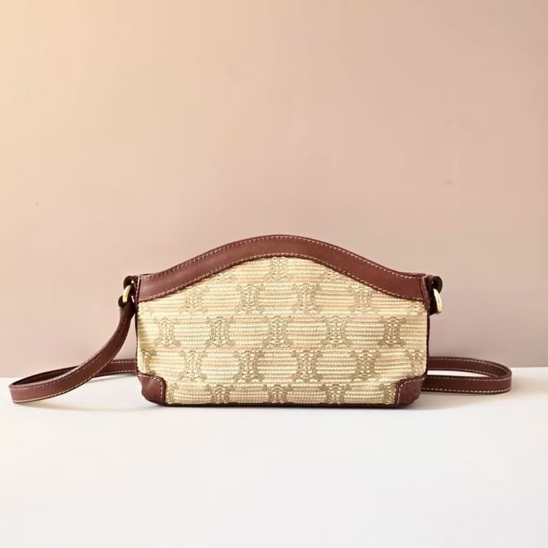 【LA LUNE】絕版中古包 Celine拉菲草拼皮革馬鞍包側背包 斜孭包 單肩包 古董-2