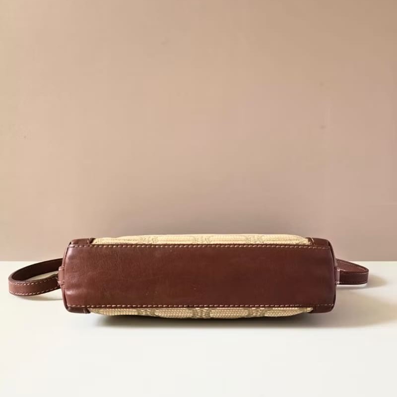 【LA LUNE】絕版中古包 Celine拉菲草拼皮革馬鞍包側背包 斜孭包 單肩包 古董-5