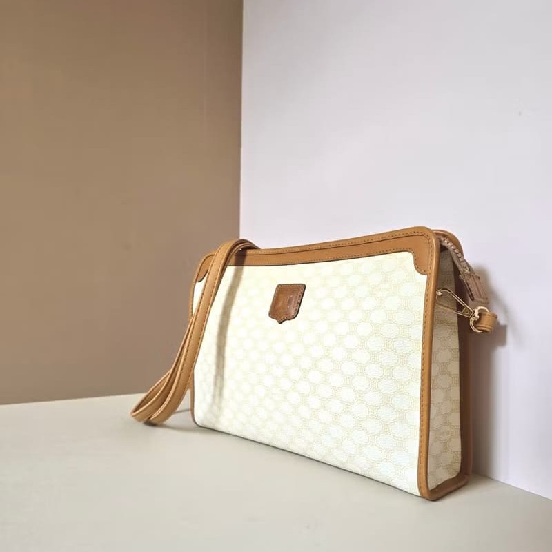 【LA LUNE】絕版中古包 Celine白色老花皮革側背包 斜孭包 單肩包 小包 古董-1