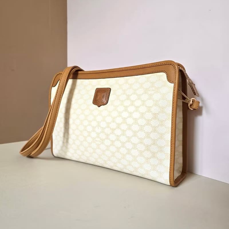 【LA LUNE】絕版中古包 Celine白色老花皮革側背包 斜孭包 單肩包 小包 古董-6