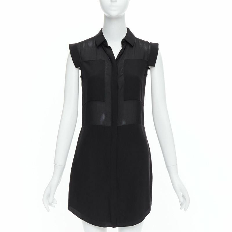 T ALEXANDER WANG black sheer silk blend panelled cap sleeve button front dress XS-0
