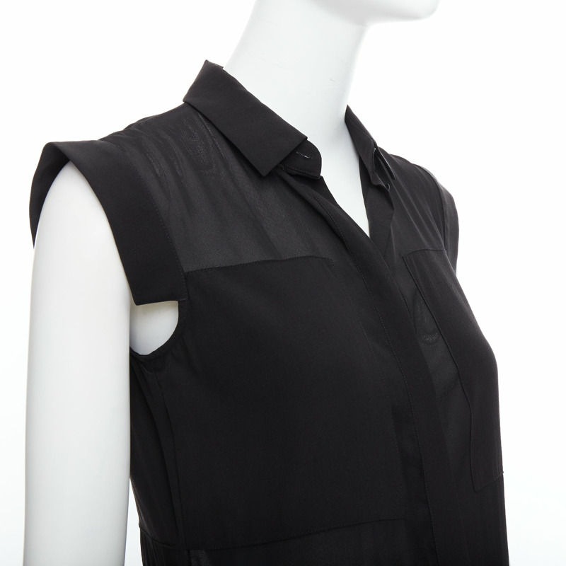 T ALEXANDER WANG black sheer silk blend panelled cap sleeve button front dress XS-1