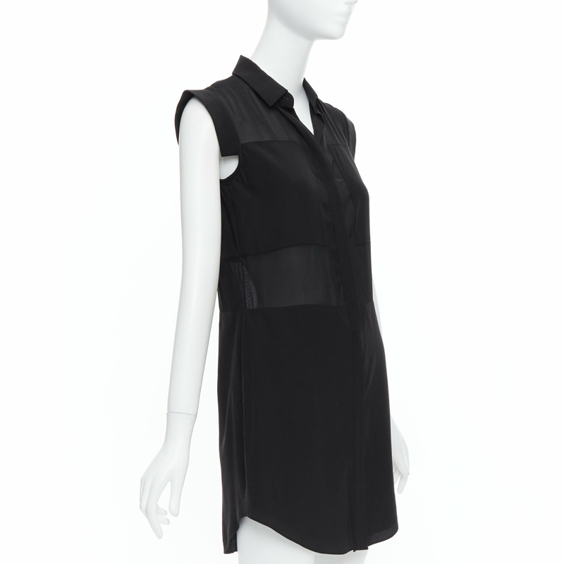 T ALEXANDER WANG black sheer silk blend panelled cap sleeve button front dress XS-2