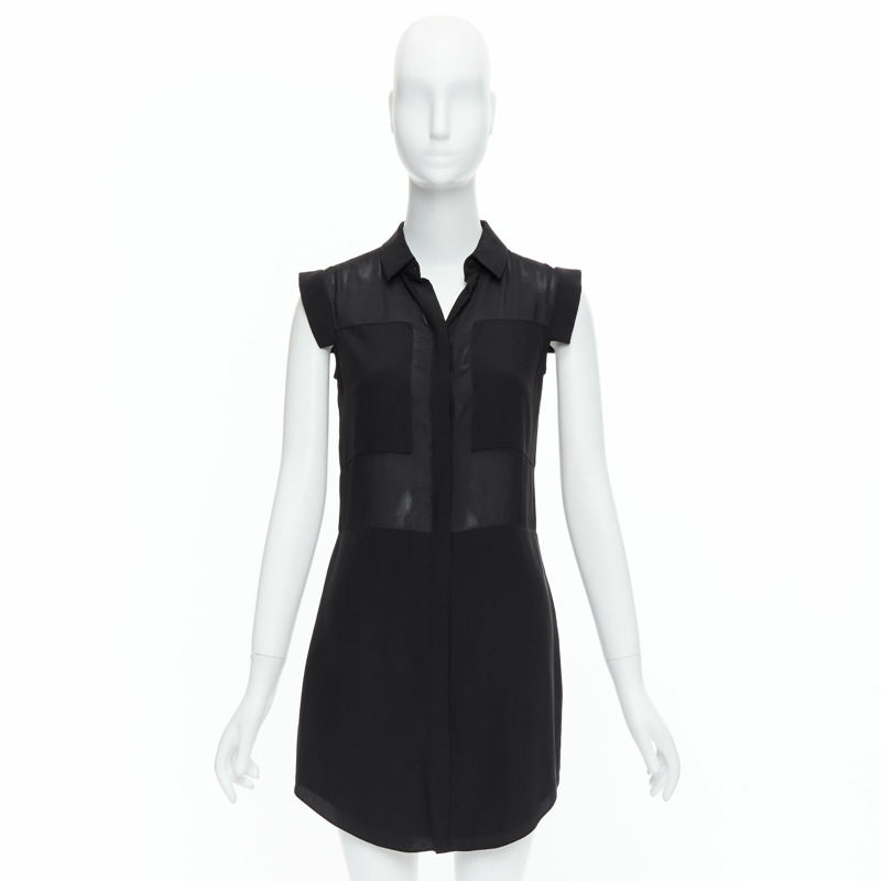 T ALEXANDER WANG black sheer silk blend panelled cap sleeve button front dress XS-8