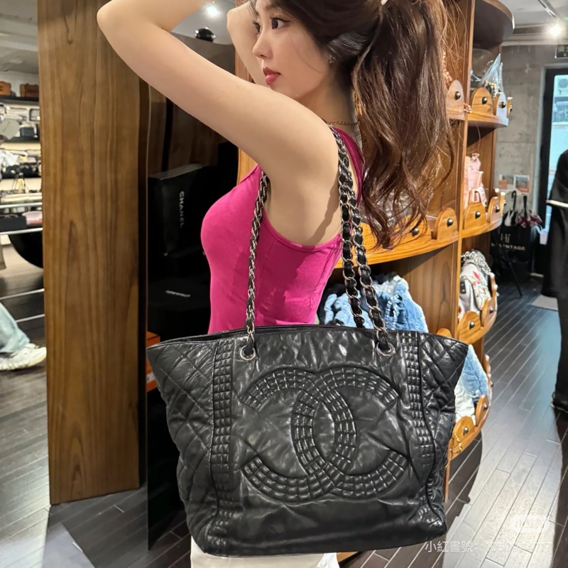 Chanel黑銀全牛皮大logo肩背托特包 98新閒置✨耐用耐看收藏品🔥-4
