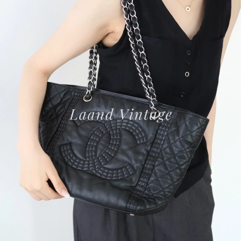 Chanel黑銀全牛皮大logo肩背托特包 98新閒置✨耐用耐看收藏品🔥-8