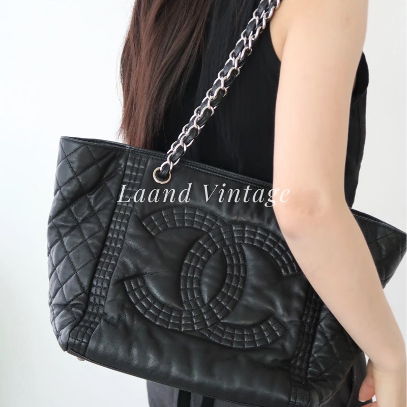 Chanel黑銀全牛皮大logo肩背托特包 98新閒置✨耐用耐看收藏品🔥-9