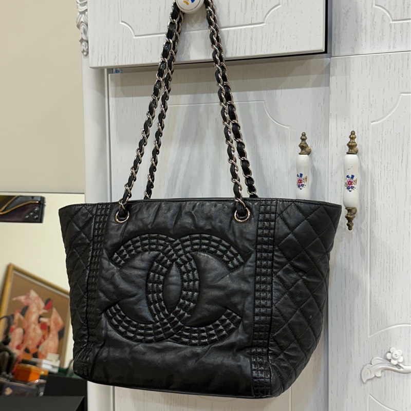 Chanel黑銀全牛皮大logo肩背托特包 98新閒置✨耐用耐看收藏品🔥-39
