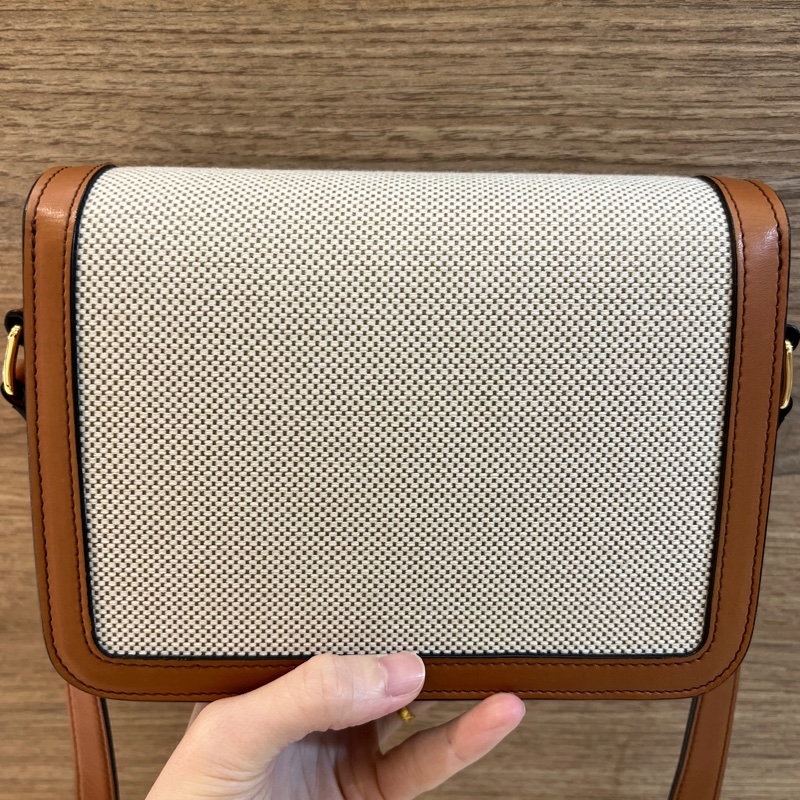 Celine 帆布拼咖牛皮Teen Trlomphe金釦斜背包-6