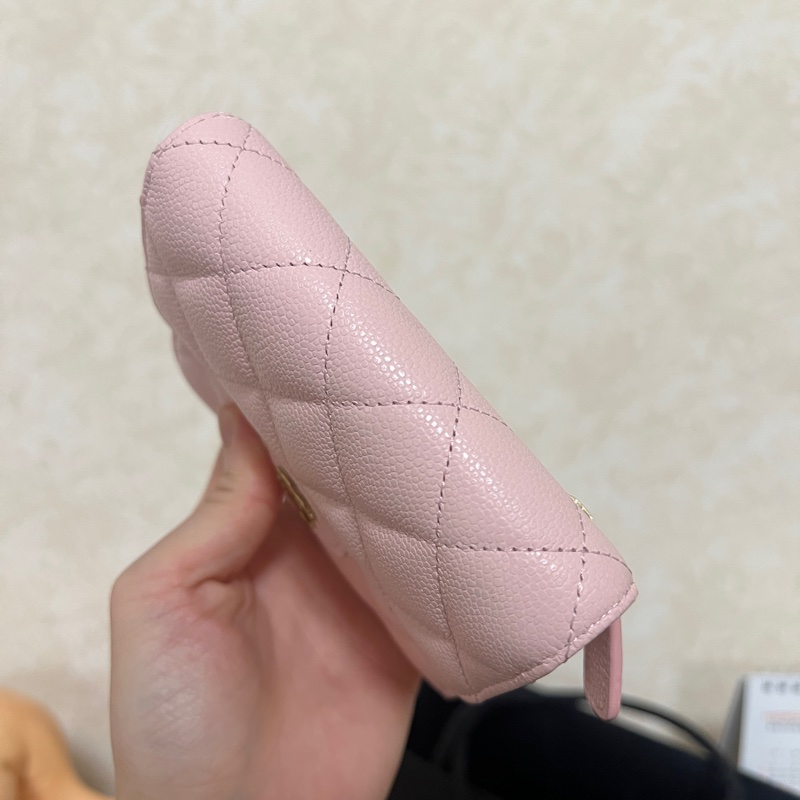 Chanel 粉色荔枝皮銀釦三折短夾AP0231-4