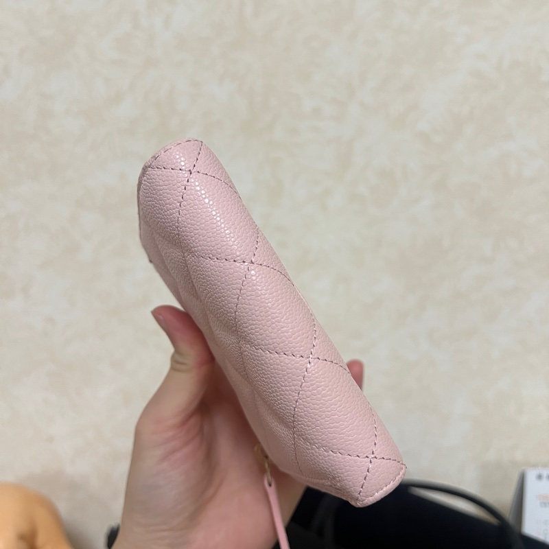 Chanel 粉色荔枝皮銀釦三折短夾AP0231-6
