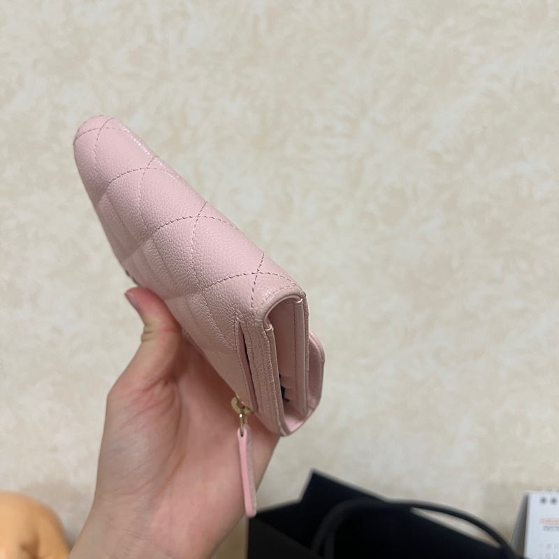 Chanel 粉色荔枝皮銀釦三折短夾AP0231-8