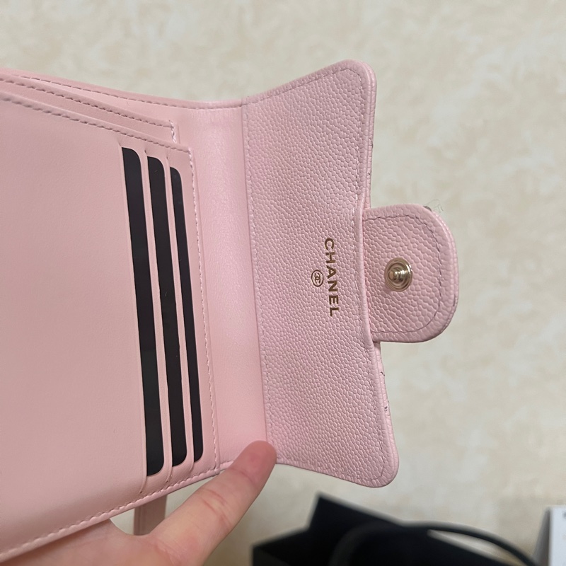 Chanel 粉色荔枝皮銀釦三折短夾AP0231-12