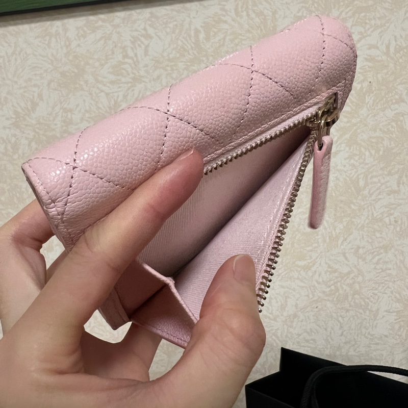 Chanel 粉色荔枝皮銀釦三折短夾AP0231-14