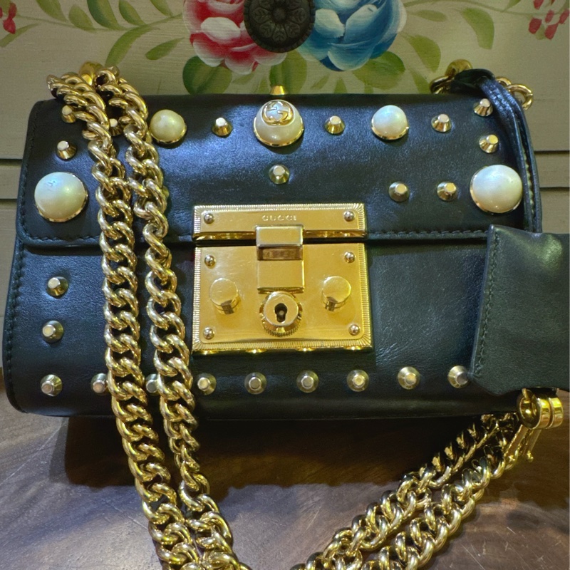 Gucci padlock黑色珍珠鉚釘/月光寶盒鏈條包/二手包-1