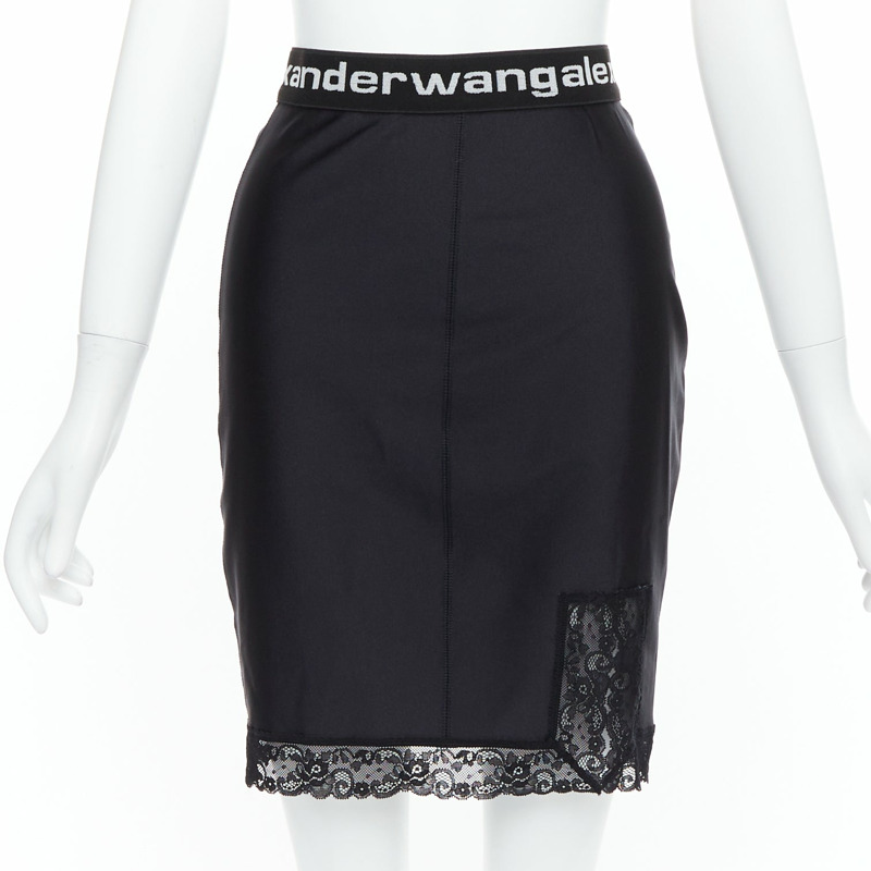 T ALEXANDER WANG black lace trim logo tape waistband mini skirt XS-0
