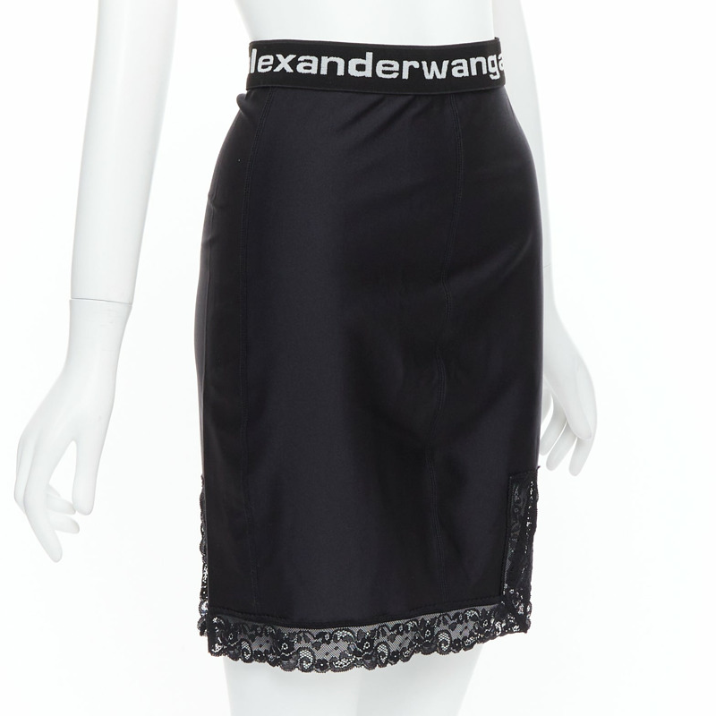T ALEXANDER WANG black lace trim logo tape waistband mini skirt XS-2