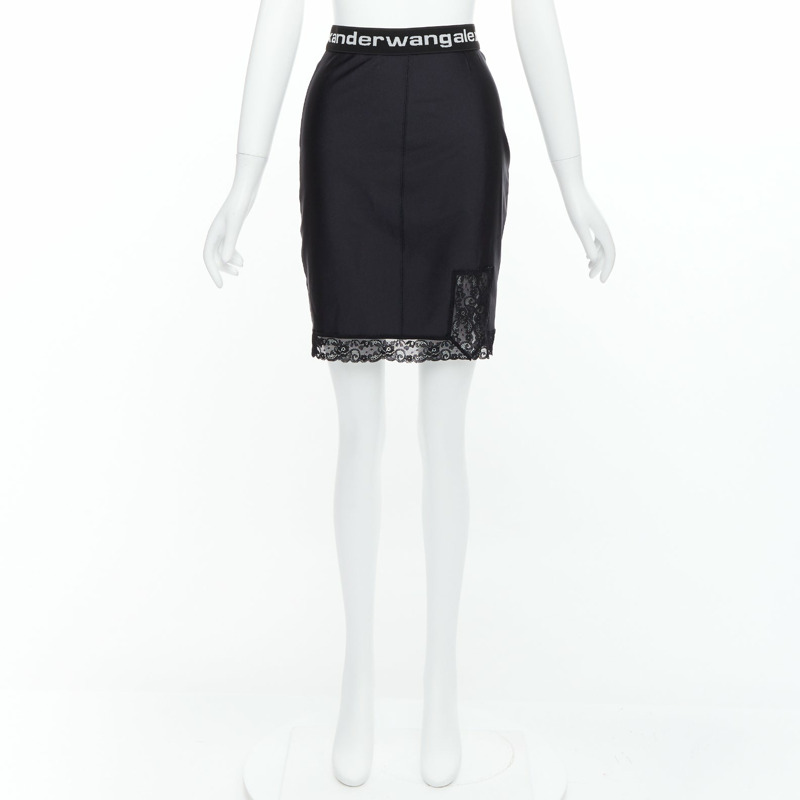 T ALEXANDER WANG black lace trim logo tape waistband mini skirt XS-8