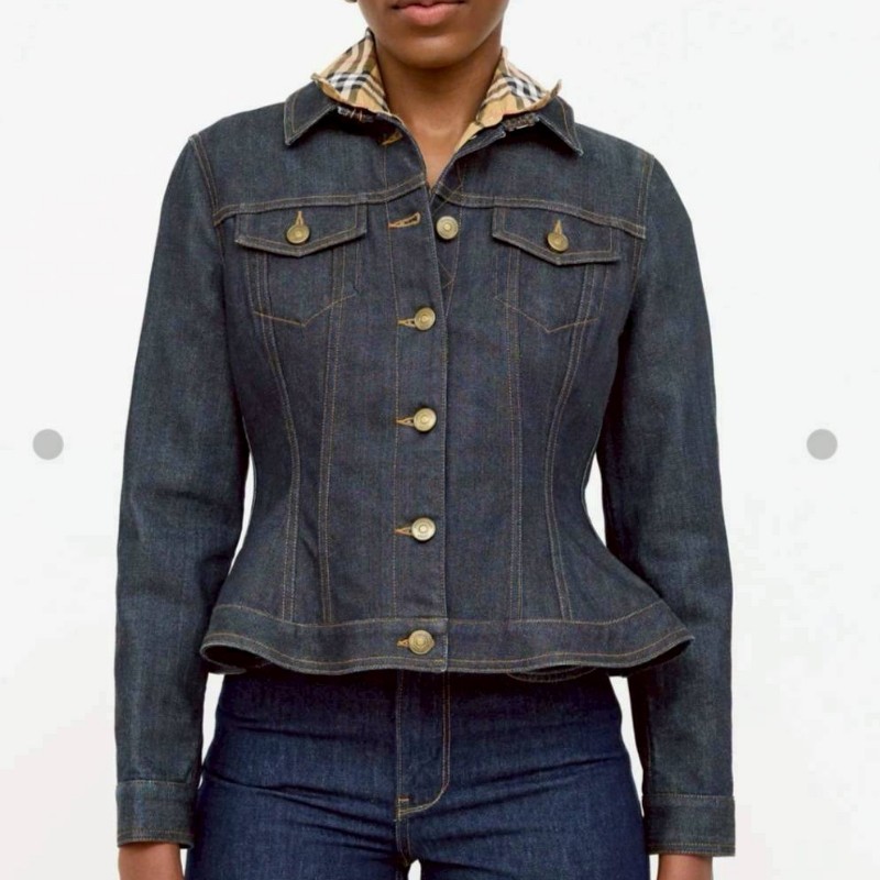 正品BURBERRY STITCH DENIM 女深藍原色彈性牛仔外套XS-0
