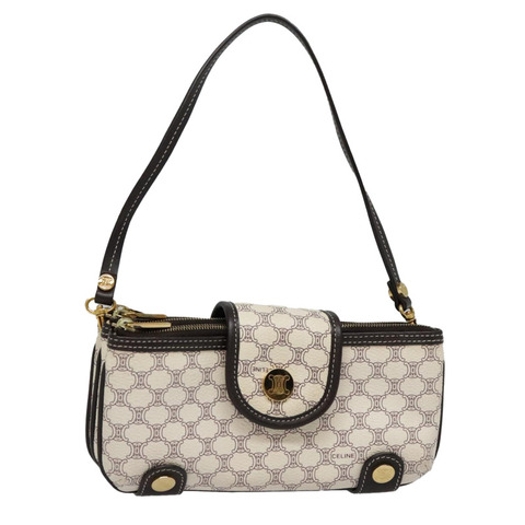 CELINE Macadam 帆布配件袋 PVC 皮革 白金色 正品 93826AV