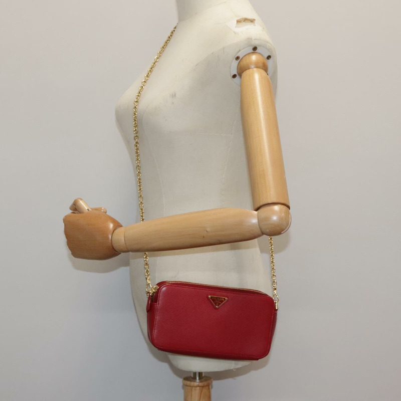 【日本直送】PRADA 鏈條單肩包 Safiano 皮革 紅金 正品 94477V-23