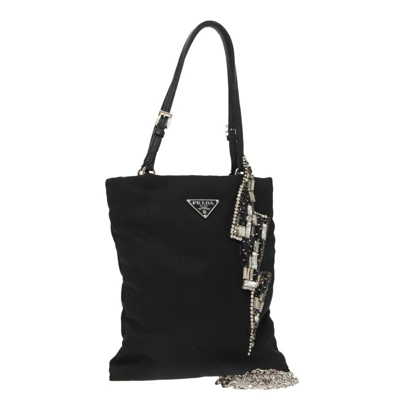 【日本直送】PRADA 鏈條單肩包 尼龍 黑色 銀色 正品 100262AV-0