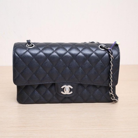 CHANEL(香奈兒) CF 口蓋包 中號 25.5cm 黑色 荔枝 30開 銀扣
