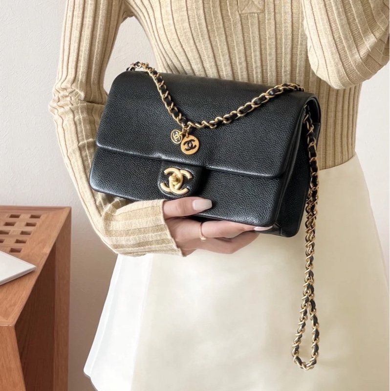 Chanel cf 24k黑金魚子醬口蓋斜挎包 芯片款 近新閒置✨配件齊全🉑送禮-0
