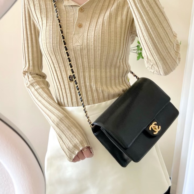 Chanel cf 24k黑金魚子醬口蓋斜挎包 芯片款 近新閒置✨配件齊全🉑送禮-2