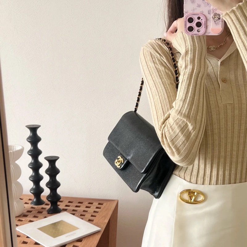 Chanel cf 24k黑金魚子醬口蓋斜挎包 芯片款 近新閒置✨配件齊全🉑送禮-4