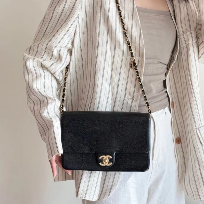 Chanel cf 24k黑金魚子醬口蓋斜挎包 芯片款 近新閒置✨配件齊全🉑送禮-11