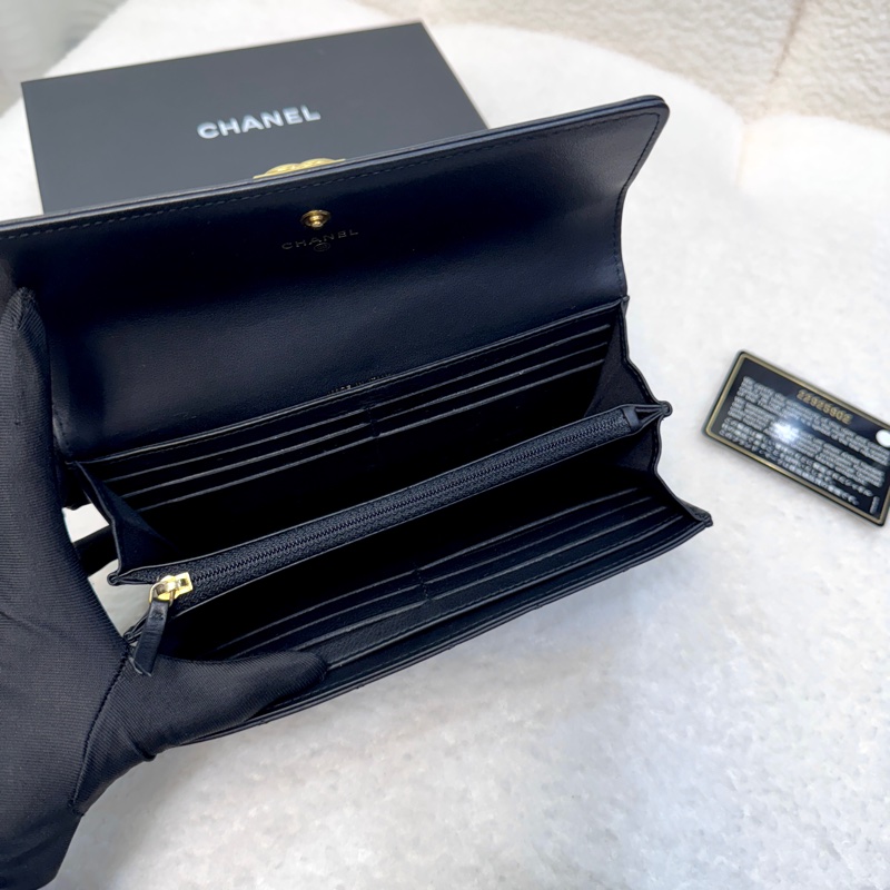 Chanel香奈兒黑金羊皮Boy菱格紋下蓋長夾12卡長夾A80286-5