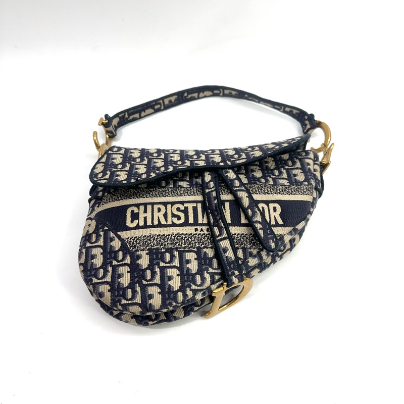 Dior 藍緹花布霧金釦馬鞍肩背包-0