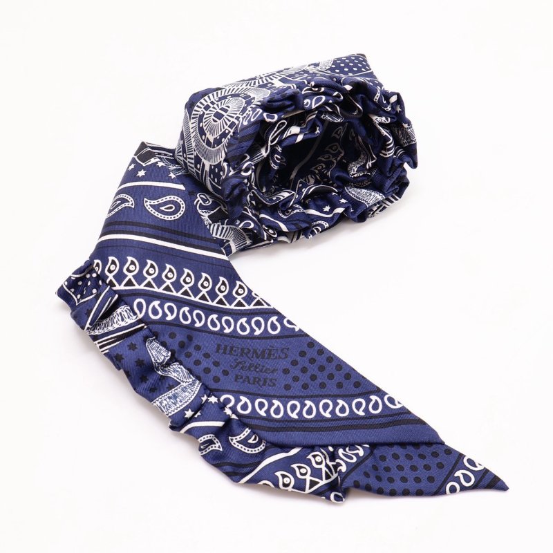HERMES Eperon d'or bandana金質馬刺荷葉邊Twilly - 深藍-3