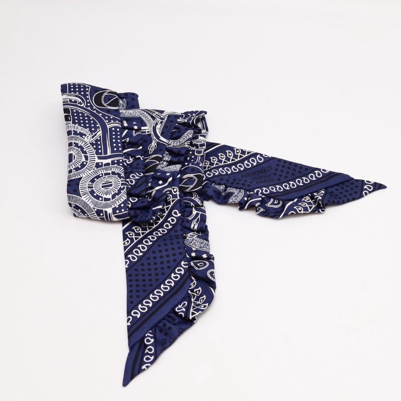 HERMES Eperon d'or bandana金質馬刺荷葉邊Twilly - 深藍-4