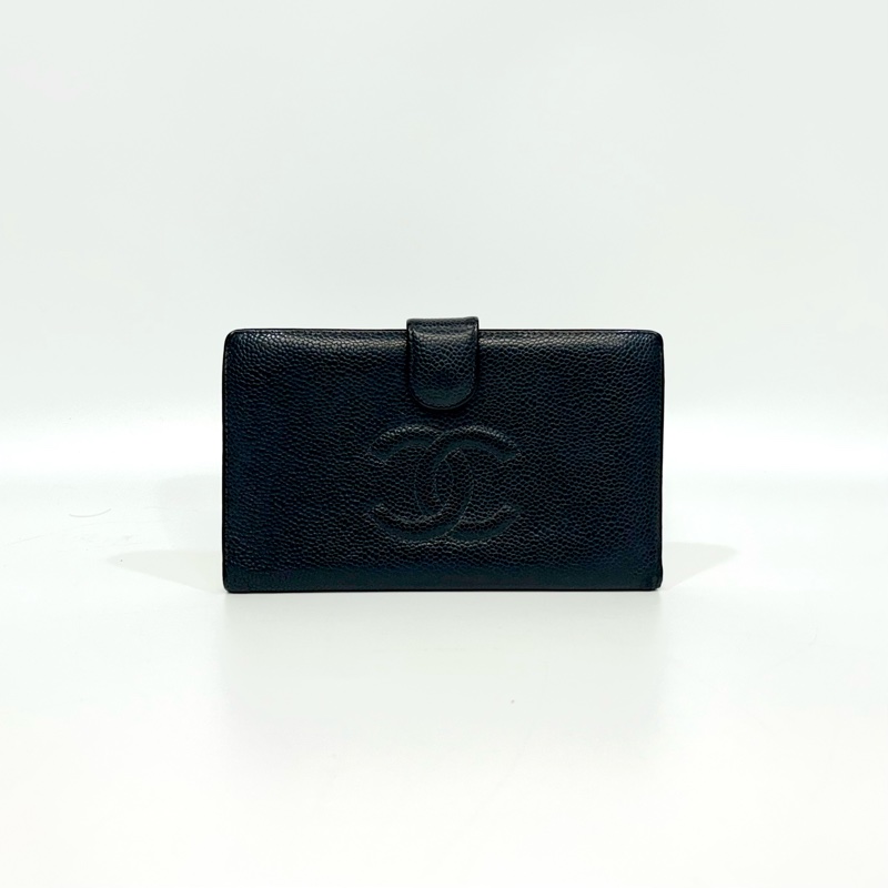 CHANEL黑金荔枝牛皮vintage蝴蝶釦開長夾A13498-0